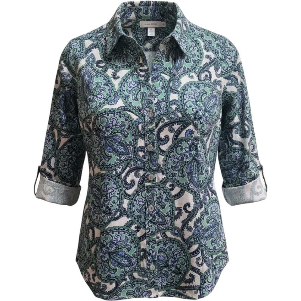 212 Collection Women's Stretch Paisley Button Down Collared Shirt Blue Green L